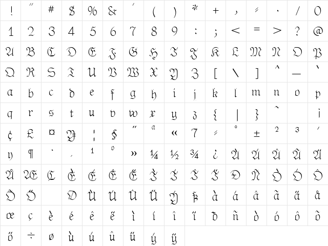 PhederFrackThin Regular  glyph index
