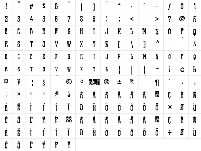 Traktir-Modern Regular  glyph index