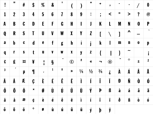 Franklin Extra Cond. Gothic Regular  glyph index
