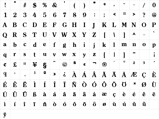 Clarity Serif Heavy SF Bold  glyph index