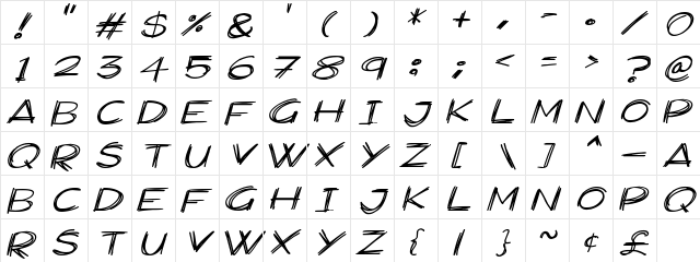 Widescratch Italic  glyph index