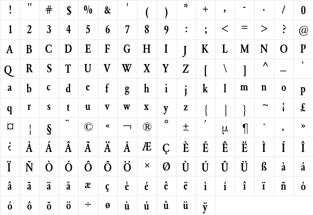 GaramondCondensedBQ Regular  glyph index