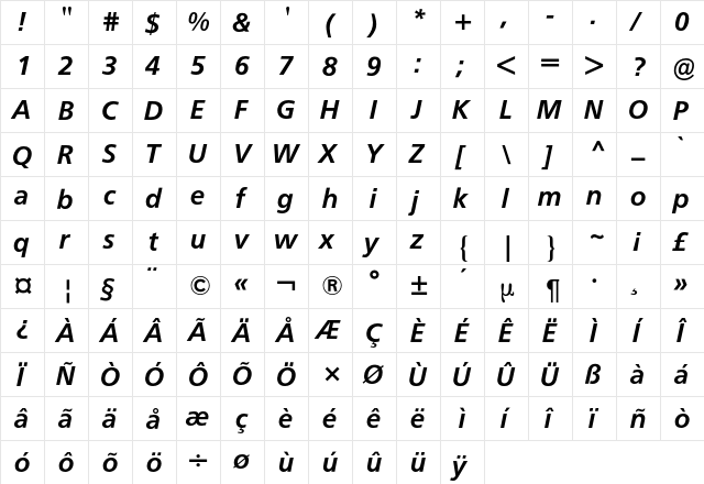 Frutiger BQ Regular  glyph index
