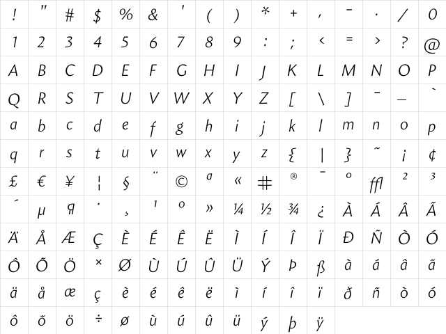 Amira Light Italic  glyph index