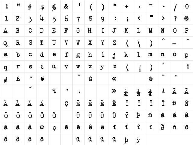 VTypewriter SmithUpright  glyph index