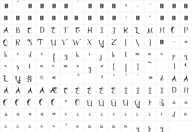 Marceila Regular  glyph index