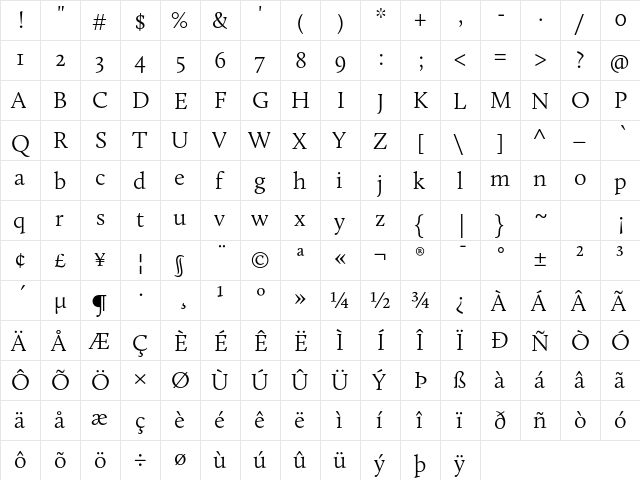 Calluna Lght Regular  glyph index
