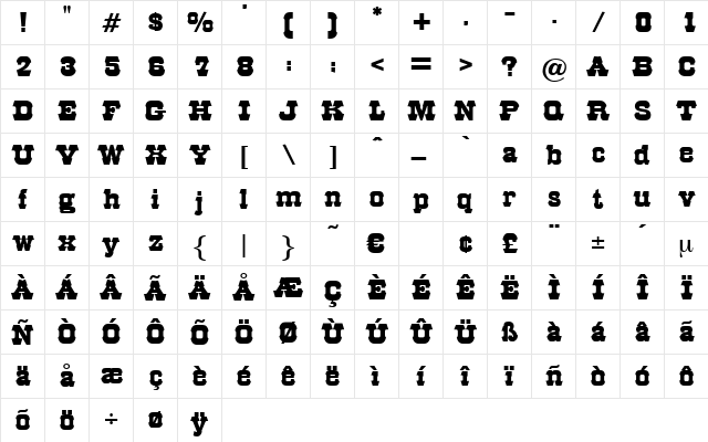 Mustang Regular  glyph index