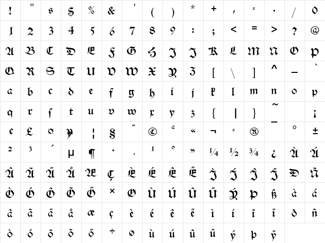 Oldschwab Becker Regular  glyph index