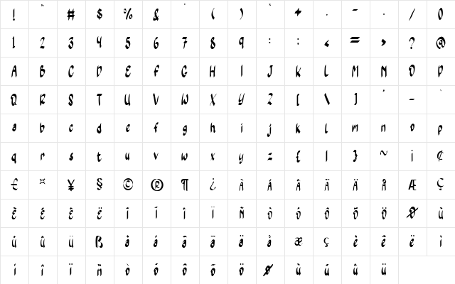 Yellow Moon Regular  glyph index