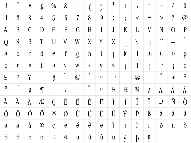 ITCCheltenham-CondensedLight Light  glyph index