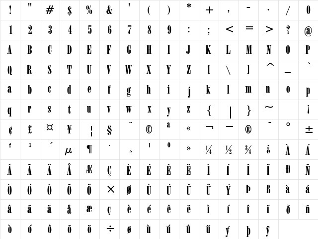 CapelliUltraCondensed Bold  glyph index