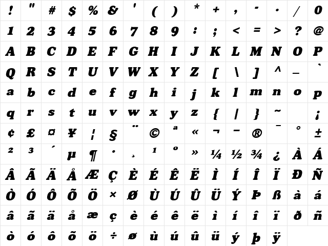 Broadside Italic  glyph index