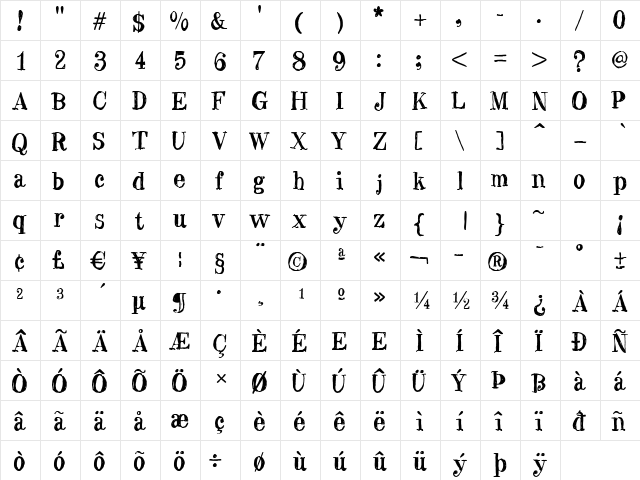 BlueCentury Regular  glyph index