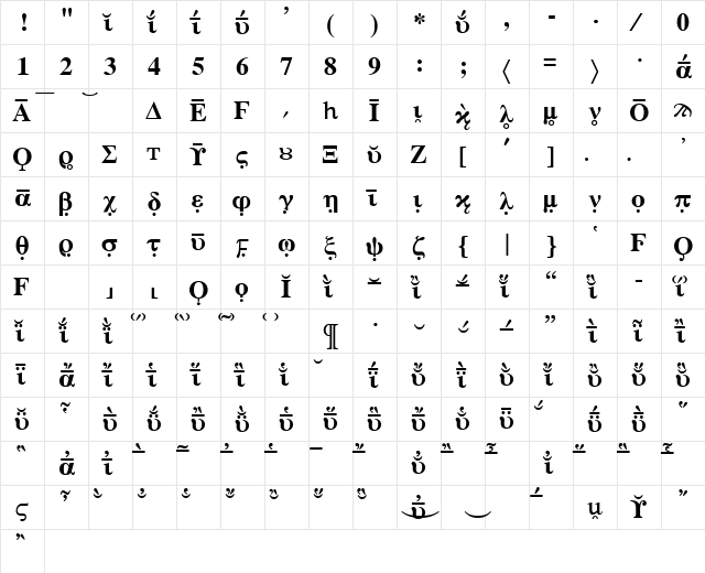 HellenicaExtras Bold  glyph index