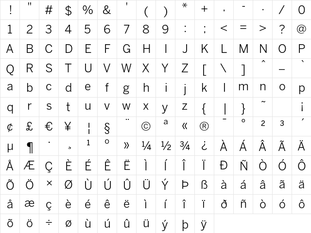 BentonSans Book Regular  glyph index