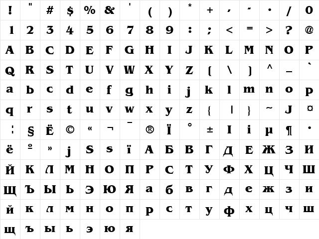 AGBenguiatCyr-Bold Bold  glyph index