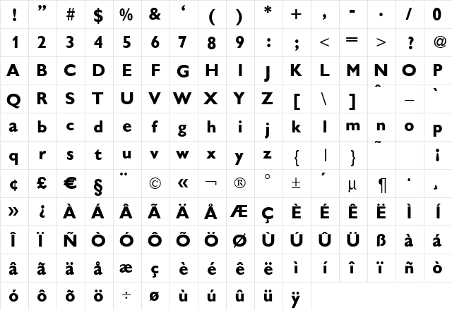 Gibson Bold  glyph index