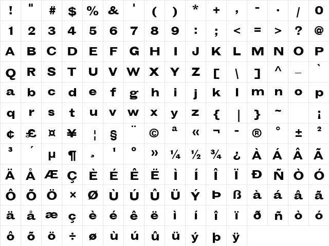 Grotesque Display MT BoldExt Regular  glyph index