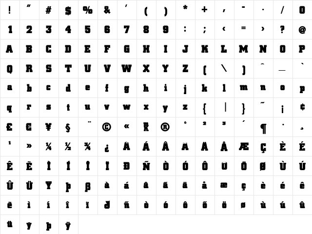 BlaxSlabXXL Regular  glyph index