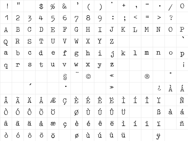 OldTypewriterReg Regular  glyph index
