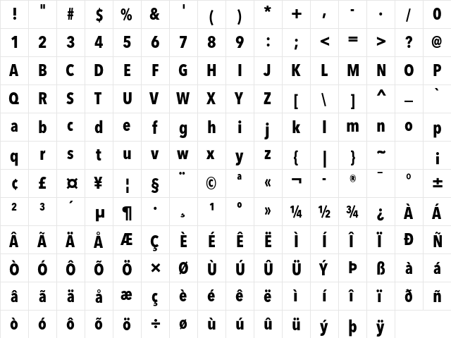 Avenir Next LT Pro Bold Condensed  glyph index