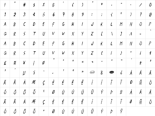 Blood Drenched Condensed Ital Regular  glyph index