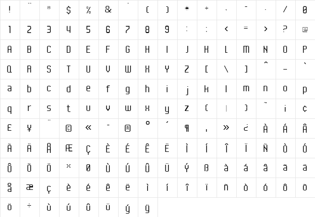 UNDA Regular  glyph index