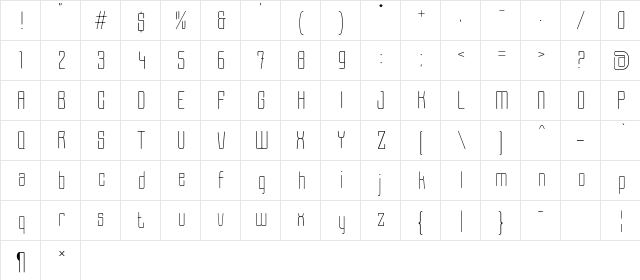 Grage Thin Regular  glyph index
