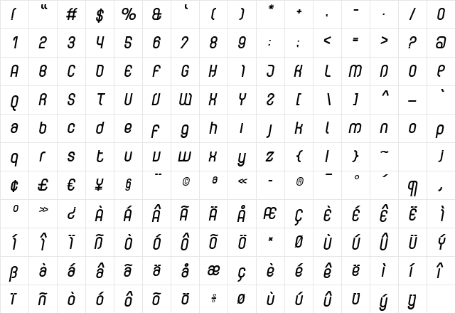 CurvatureBold Italic Regular  glyph index