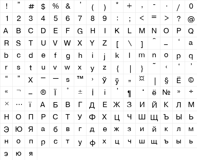 Pragmatica Plain  glyph index