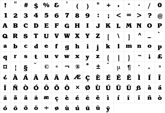 Korinna BQ Regular  glyph index
