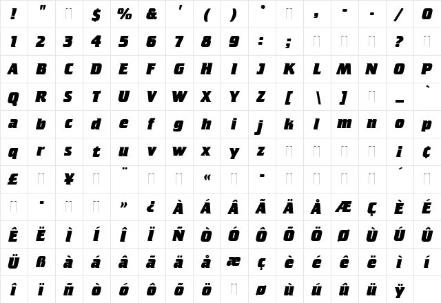 Crillee Extra Bold Italic Regular  glyph index