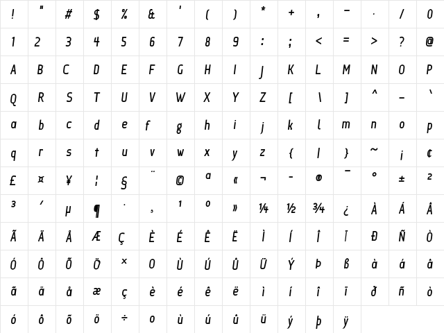 Ice Sans Compressed BoldItalic  glyph index
