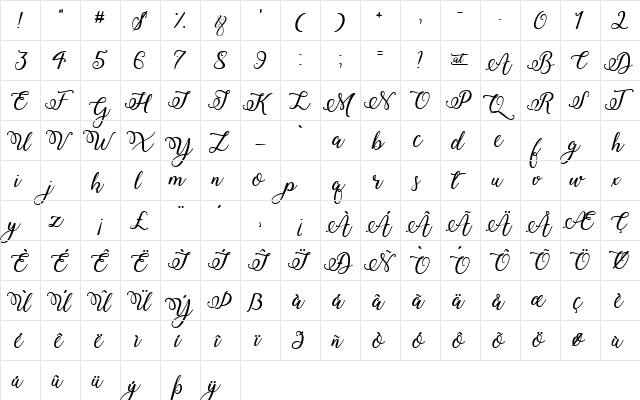 Winter Calligraphy Regular  glyph index