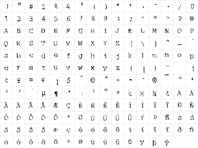 DTCDirtyM07 Regular  glyph index