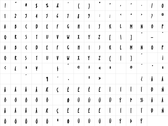 Scamp Bold  glyph index