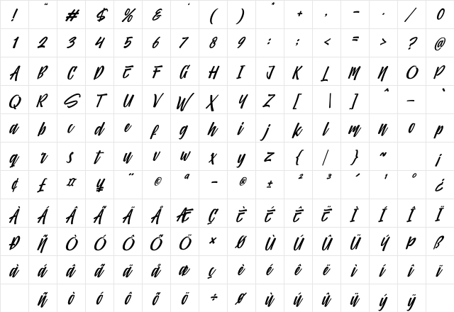 Comfortune Italic Italic  glyph index