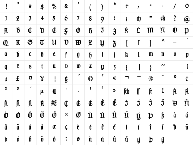 TypographerGotisch Schmal Bold  glyph index