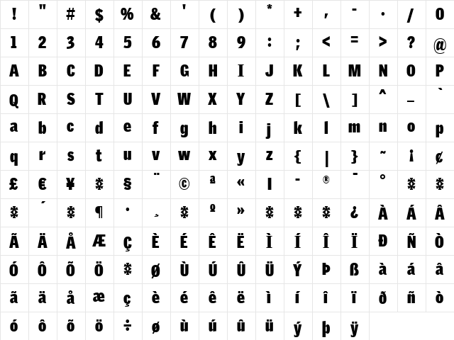 GriffithGothicCond Regular  glyph index