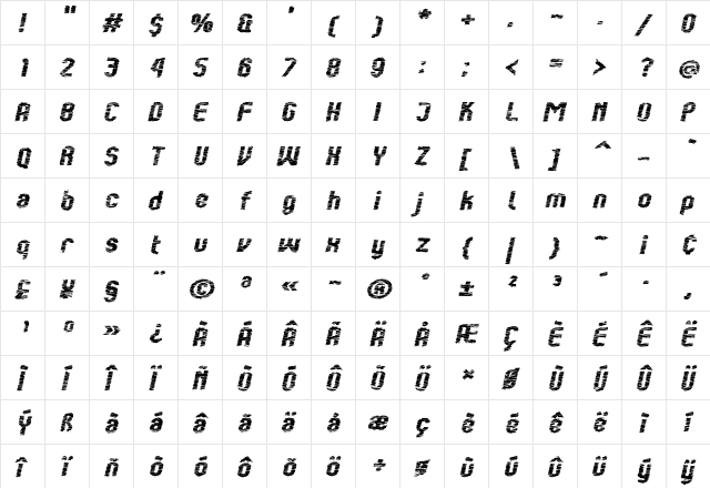 Kumba Scrawl Bold Expanded Italic  glyph index