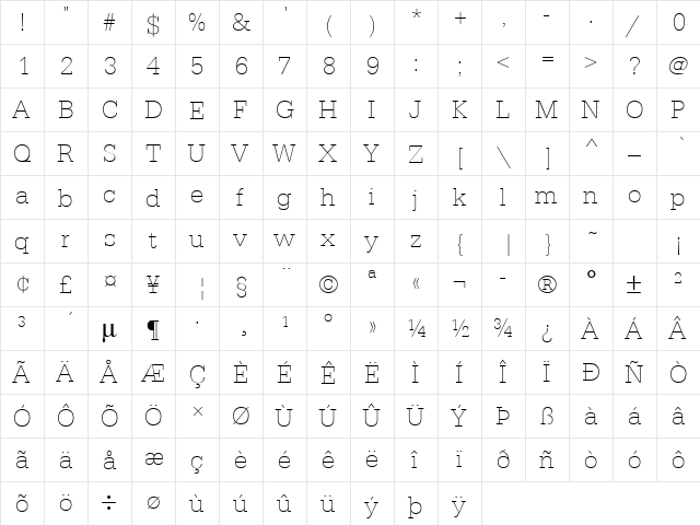 URWTypewriterTExtLig Regular  glyph index