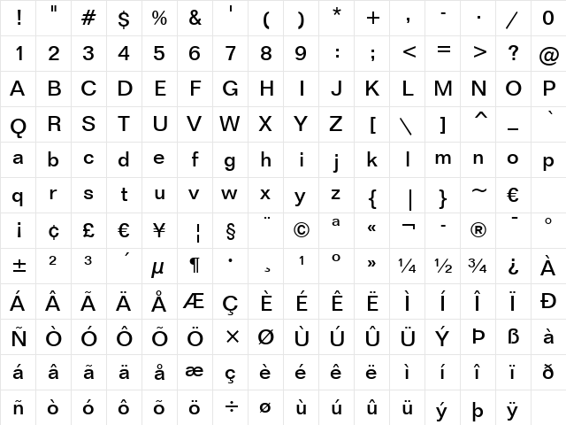 Folio Md BT Medium  glyph index