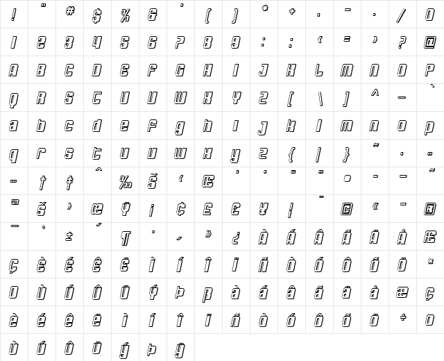SF DecoTechno Shaded Oblique  glyph index