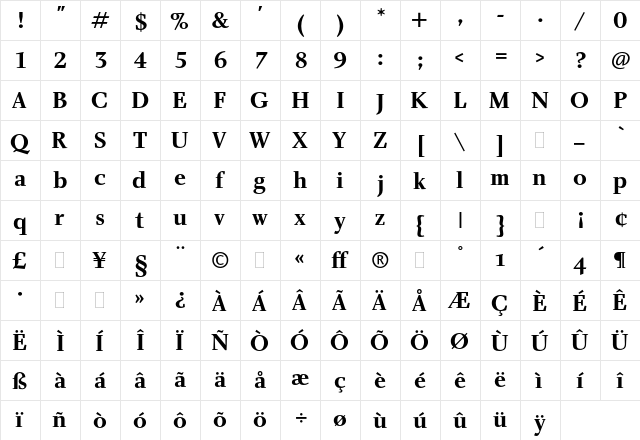 Charlotte Bold Plain  glyph index