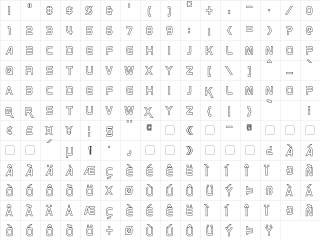 Zebulon Condensed Hollow Regular  glyph index
