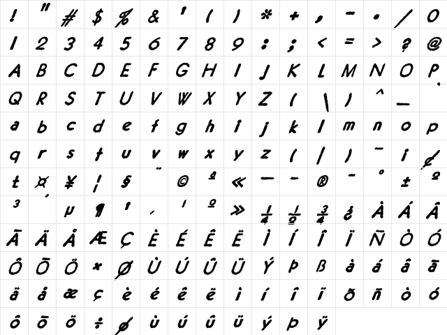 JMH Typewriter Sans Bold Italic  glyph index