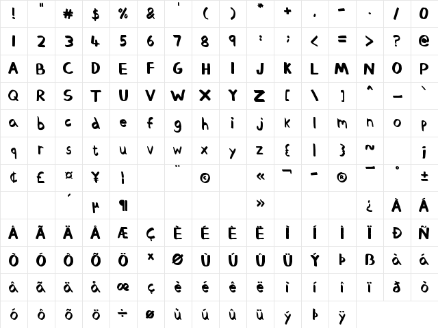 Thickedy Quick Regular  glyph index