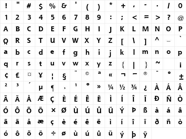 Shannon Bold  glyph index