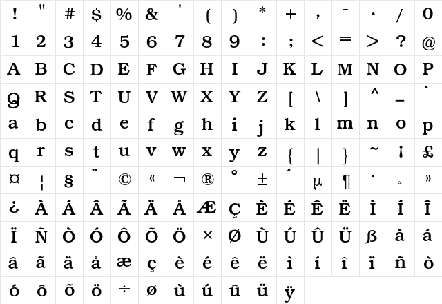Bookman BQ Regular  glyph index